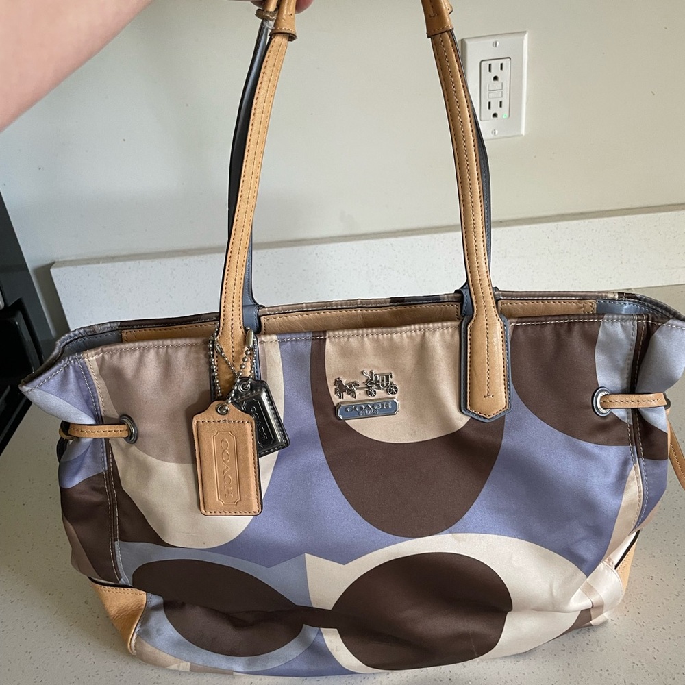 Coach Tan and Blue Tote with Silver Details